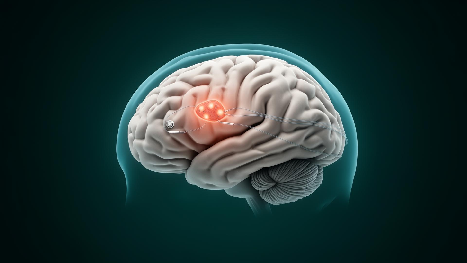 Ilustração científica de cérebro humano com eletrodos de DBS posicionados em estrutura subcortical destacada