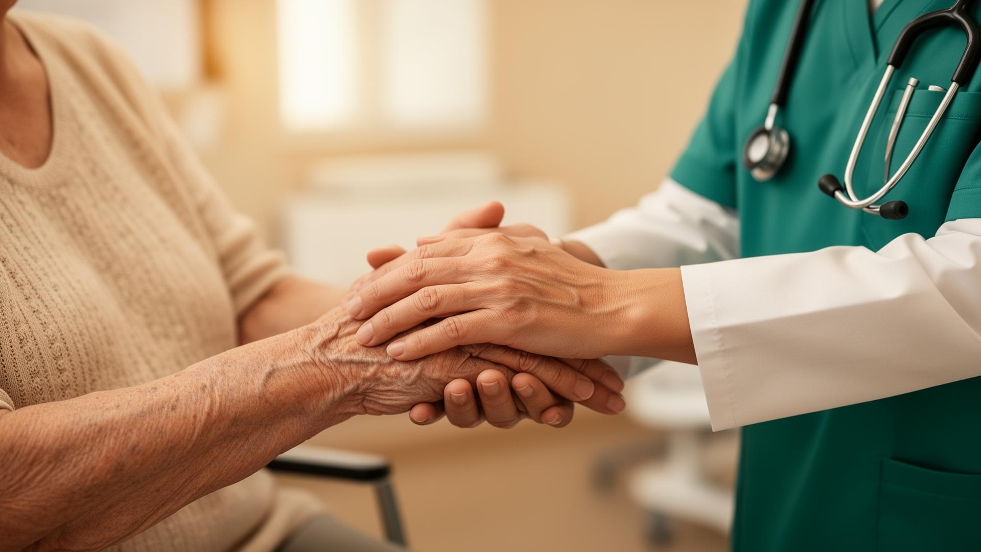 Médico segurando com cuidado as mãos de uma paciente idosa em ambiente clínico acolhedor